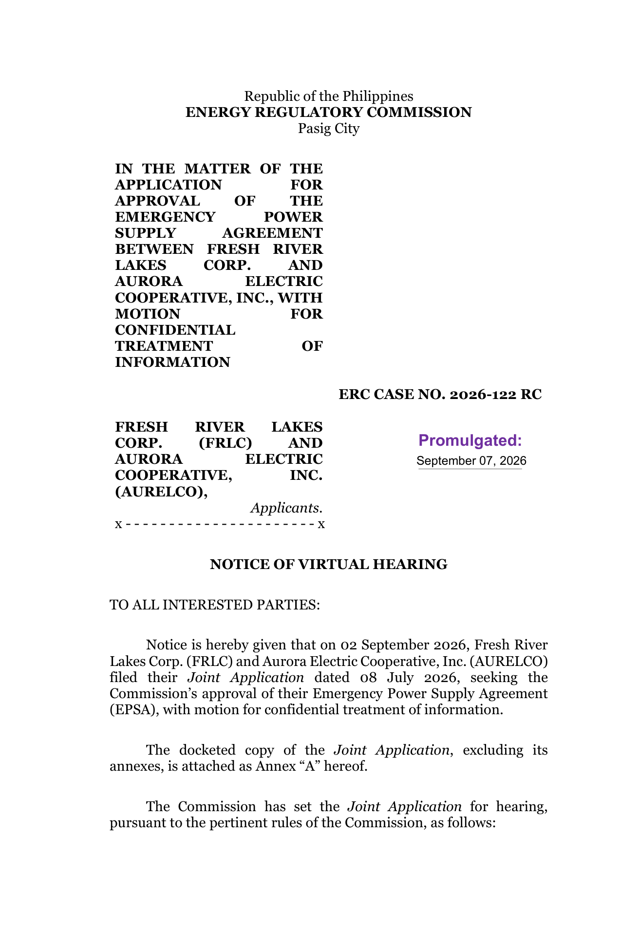 Notice of Virtual Hearing - ERC CASE NO. 2026-122 RC